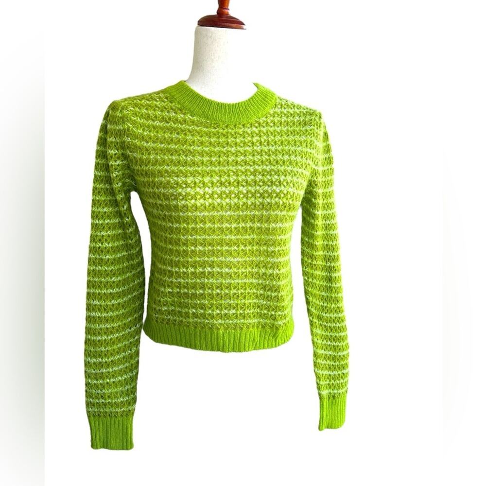 WAYF  Preppy Knit Sweater Green Crochet Cropped Fall Cozy Long Sleeve XS